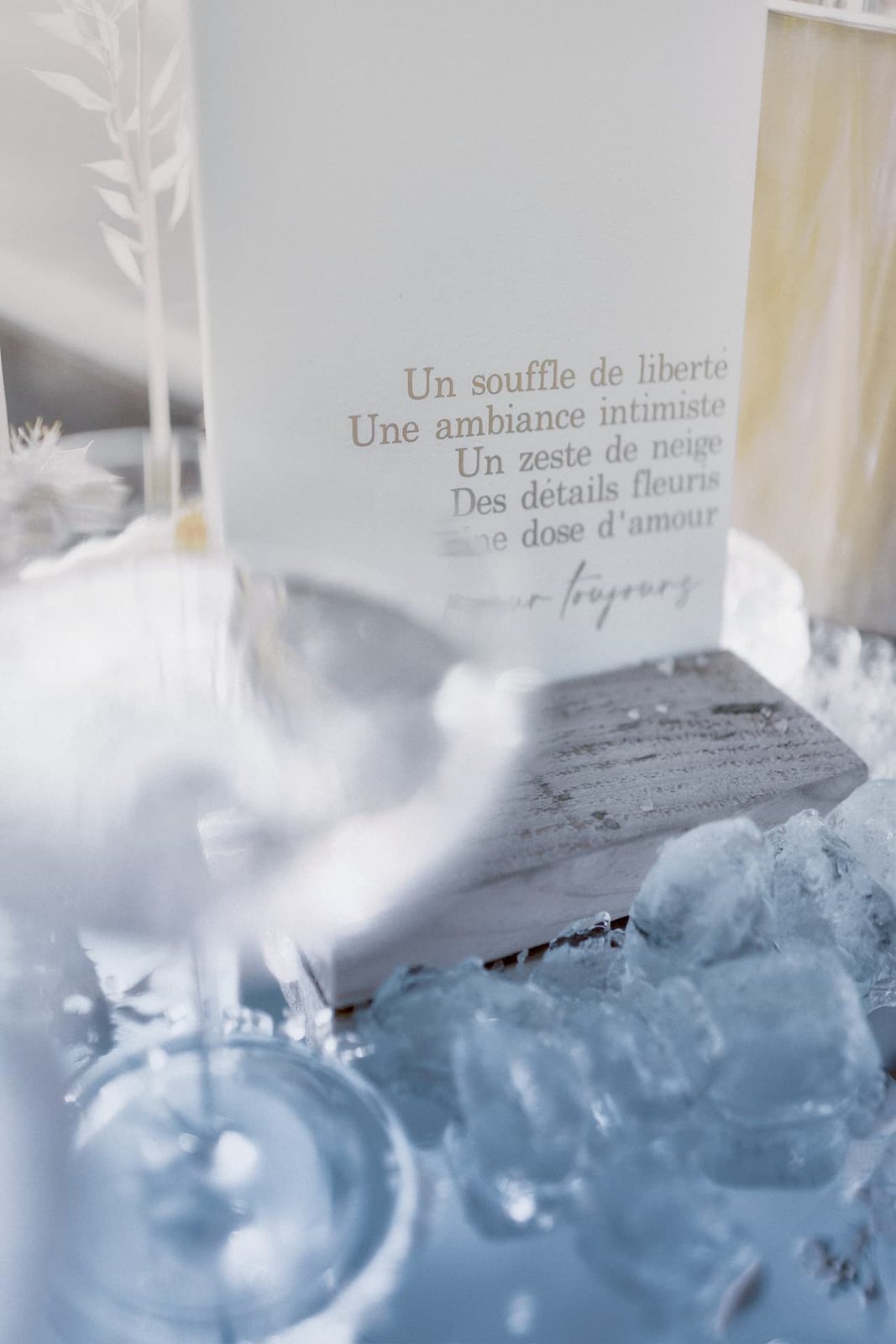 Papeterie de mariage d’hiver aux tons givrés, entourée de glaçons