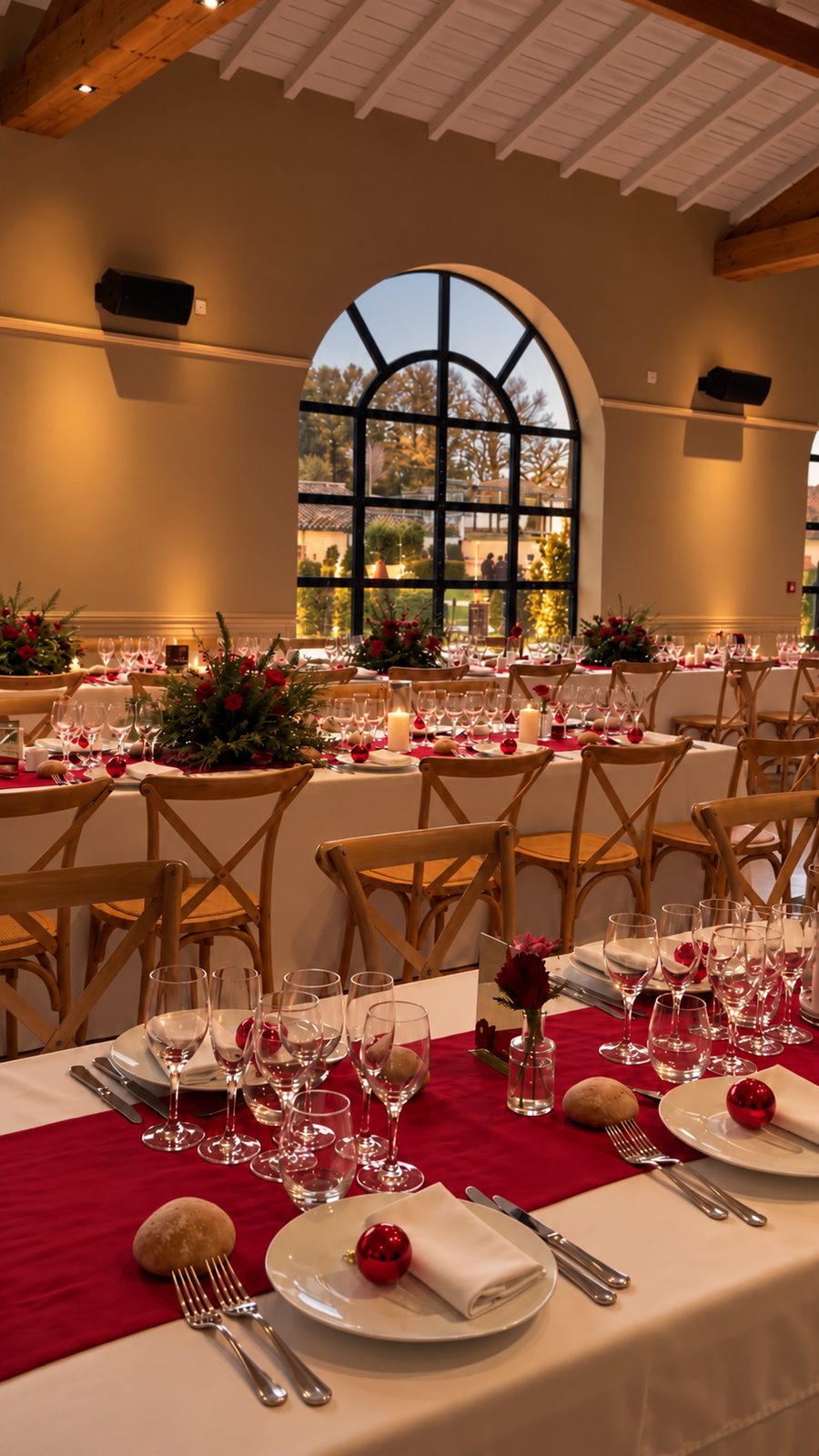 Salle de réception de mariage d’hiver décorée de rouge, avec bougies et boules de Noël